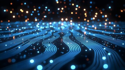 Poster - Captivating abstract image showcasing a mesmerizing flow of glowing neon circuits and lines against a dark futuristic digital landscape creating a hypnotic visionary and technological atmosphere