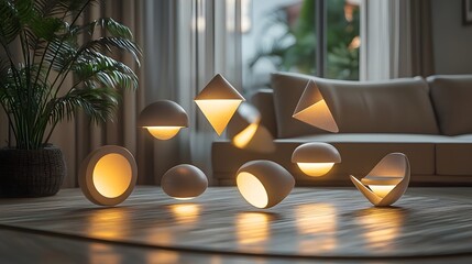 Poster - Captivating minimalist digital art composition featuring floating holographic geometric shapes with soft glowing edges creating a dreamlike futuristic atmosphere