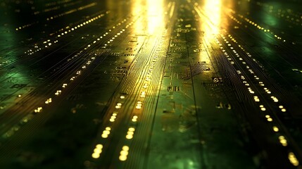 Poster - Textured metallic surfaces with intricate glowing digital patterns and laser engraved designs creating a futuristic high tech and industrial visual aesthetic