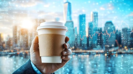 Poster - closeup of a businessman s hand holding a to go coffee cup amid the towering skyscrapers and reflect