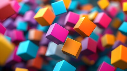 Poster - Visually striking abstract background featuring a dynamic composition of 3D floating cubes in a vibrant color scheme  Geometric shapes and patterns create a display