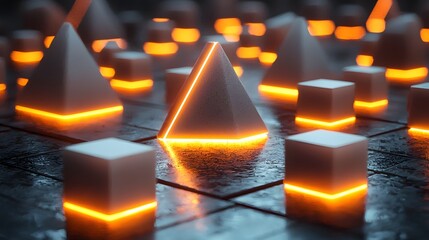 Poster - Floating holographic geometric shapes with soft glowing edges in a dark surreal and atmospheric environment
