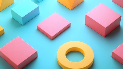 Poster - Vibrant Geometric 3D Shapes in Clean Minimal Composition  Abstract modern background with sharp contrasting colorful isometric cubes rectangles and circles arranged in symmetrical pattern