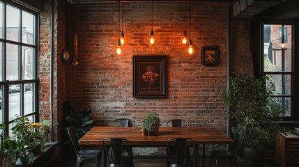 Wall Mural - Rustic dining room, exposed brick, warm lighting, city view