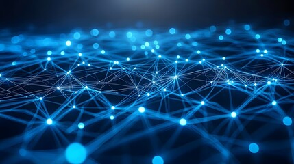 Poster - futuristic digital grid with glowing blue and white flowing lines creating an abstract technological