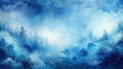 Wall Mural - Serene Blue Watercolor Landscape Depicting a Misty Forest with Subtle Light and Shadow Effects, Evoking a Sense of Calm and Tranquility
