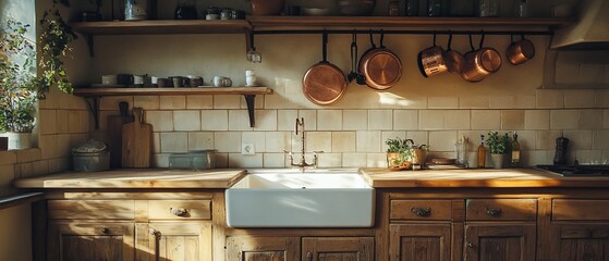 Wall Mural - Rustic kitchen, sunlight, copper pots, wooden cabinets. Home decor