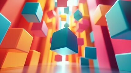 Poster - Vibrant 3D cubes floating in dynamic color schemes creating an abstract modern and visually striking composition  The geometric shapes and varied hues intersect and overlap