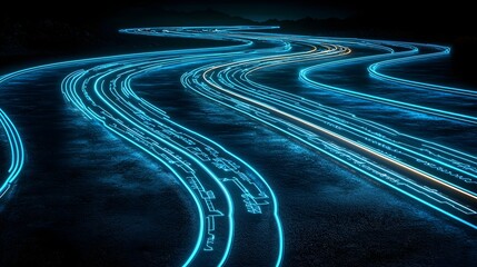 Poster - Intricate neon circuit design with glowing luminous lines and curves forming a futuristic technology background  Dynamic digital with electric energy flow and high tech concept