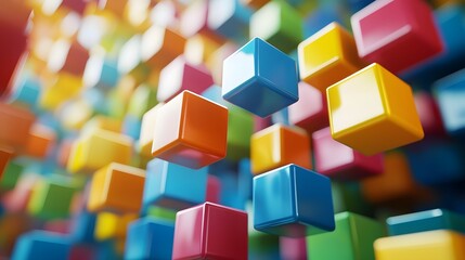 Poster - Vibrant and Dynamic 3D Cube Formations in Vivid Color Schemes for Striking Backdrops and Artworks  Floating overlapping cubes in an array of bold contrasting colors create a mesmerizing