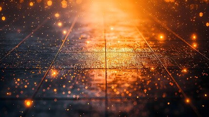 Poster - Radiant metallic textures with intricate glowing digital patterns futuristic style engravings and a sleek modern and techno inspired aesthetic  This image evokes a sense of advanced technology