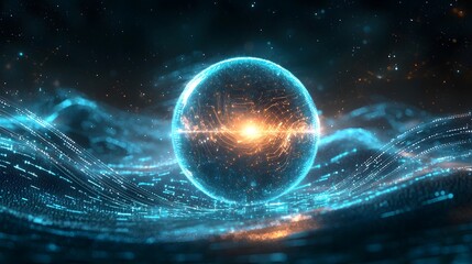 Poster - luminous sphere emitting glow surrounded by dynamic digital waves in a futuristic sci fi landscape a