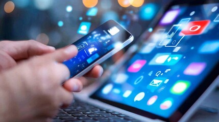 businessman working with smart phone and laptop and digital tablet computer in office with digital m