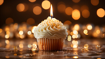 Delicious vanilla cupcake with candle glowing against a backdrop of golden bokeh lights for a festive celebration atmosphere