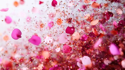 Poster - Beautiful Colorful Petals and Glitter Falling Against a Soft Background Creating an Elegant and Dreamy Atmosphere Perfect for Celebrations and Special Occasions