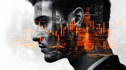 Poster - Futuristic double exposure of a trader s face overlaid with dynamic candlestick charts skyscrapers and financial data visualizations representing the high tech