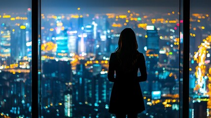 Poster - Silhouetted business professional navigates the glowing cityscape symbolizing the pathways to success achievement and professional growth  The image evokes a sense of ambition determination