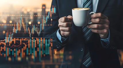 Poster - Financial trader holding a coffee cup amidst a backdrop of global trading trends data analytics and a modern city skyline  The image represents the fast paced