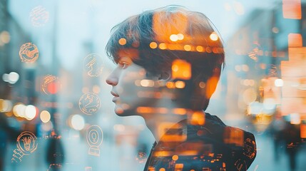 Poster - Entrepreneur s profile blended with vibrant city energy and success symbols in double exposure creating a captivating and dynamic visual representation of ambition innovation