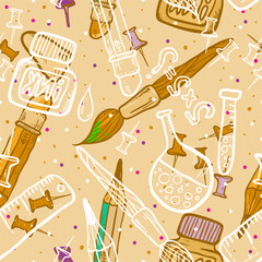 Wall Mural - seamless back to school pattern with bottles and paint brush