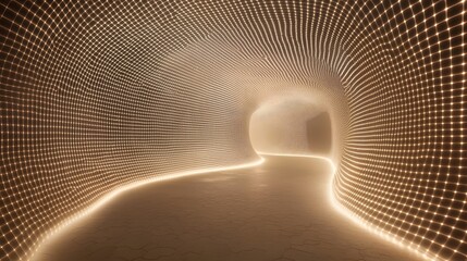 Poster - Mesmerizing digital depicting a technology inspired network grid with pulsating glowing lights flowing through a futuristic dimensional tunnel  The image symbolizes the dynamic connectivity energy