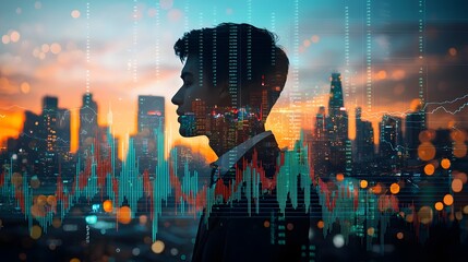 Poster - of a businessman silhouette merged with a city skyline and a market graph in a double exposure style representing the intersection of modern business technology finance and urban development
