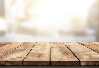 Aufkleber - Empty wooden tabletop with a blurred white and beige background, ideal for product display presentations or mockups. Features rustic wood grain detail and warm tones