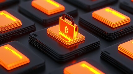 A digital representation of a Bitcoin wallet icon illuminated among other flat icons, suggesting themes of cryptocurrency and digital finance.