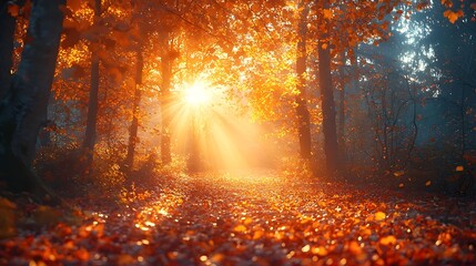 Wall Mural - serene autumn forest path with glowing sunlight through vibrant fallen leaves