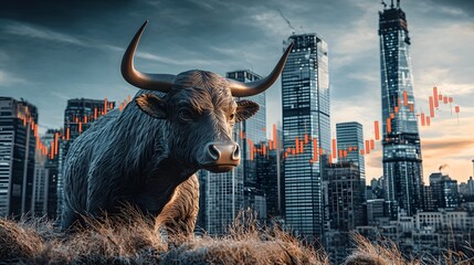 Poster - A serene bull standing amidst a dynamic cityscape with high rise buildings and an aggressive candlestick chart representing the juxtaposition of calm and chaos in the financial markets