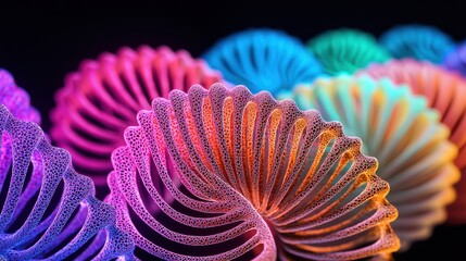 Wall Mural - A vibrant display of colorful, spiraled shapes resembling shells, set against a black background, creating a mesmerizing visual effect.
