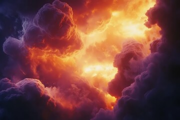 Wall Mural - Fiery sunset cloudscape with dark, dramatic clouds illuminated from below.