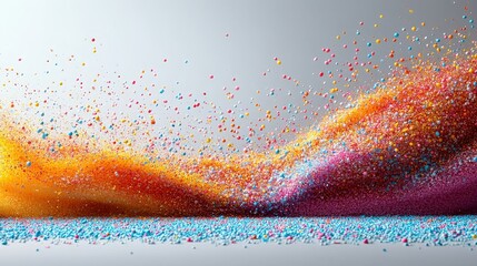 Poster - Vibrant Abstract Wave of Colorful Particles Dancing in the Air against a Soft Gray Background Creating a Dreamlike and Energetic Atmosphere for Creative Projects