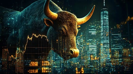 Poster - Conceptual depicting a bull s head overlaid with rising financial market indicators and a vibrant city skyline at night