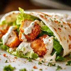 Wall Mural - Crispy chicken, lettuce, and creamy sauce in a tortilla wrap.