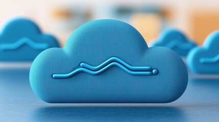 Poster - A textured blue cloud with a wavy line design, symbolizing data or technology, set against a blurred background.