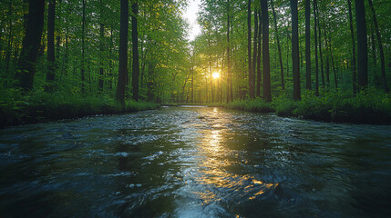 Wall Mural - Sunset over tranquil forest stream.