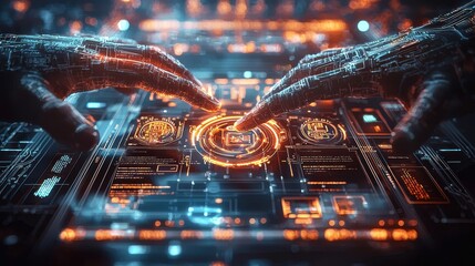Poster - Exploring a futuristic internet banking interface digital realm high fidelity visualization cyber environment close-up perspective advanced technology concept