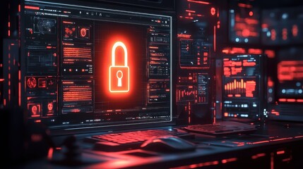 Poster - Unlocking security holographic visualization of a glowing lock symbol in a high-fidelity digital environment