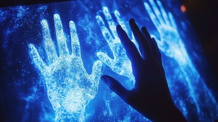 Poster - Digital hands transferring glowing funds in a holo high fidelity environment virtual space futuristic concept
