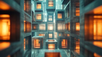Aufkleber - Abstract 3D Render of Interlocking Cubes with Glowing Orange Interiors