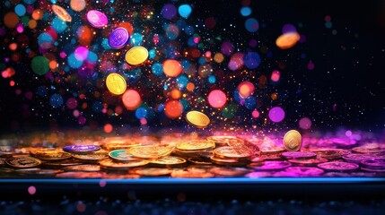 Poster - Futuristic coins flowing into a digital wallet virtual environment high fidelity visualization cybernetic realm close-up perspective