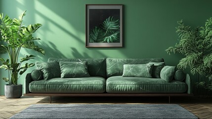 Green sofa in a living room with plants and a picture.