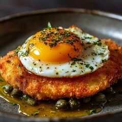 Wall Mural - Crispy breaded cutlet topped with a fried egg and capers.