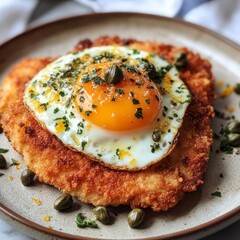 Wall Mural - Crispy breaded cutlet topped with a fried egg and capers. (1)