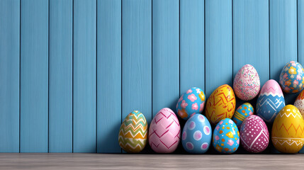 Wall Mural - Colorful Easter eggs arranged against blue wooden background