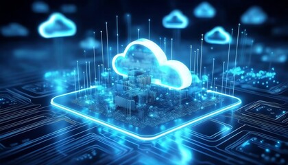 Poster - A futuristic digital representation of cloud computing with glowing clouds and data streams over a circuit board.
