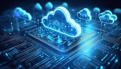 Poster - A futuristic depiction of cloud technology, showcasing interconnected clouds above a glowing circuit board, symbolizing data storage and processing.