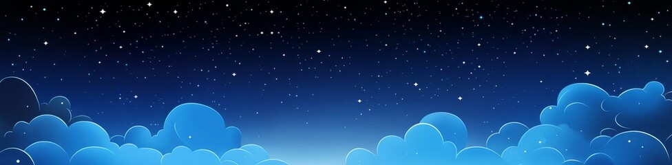 Wall Mural - Night sky with fluffy blue clouds and stars.