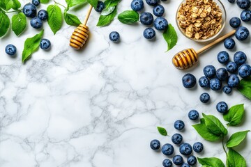 Wall Mural - Fresh blueberries and granola with honey on marble background